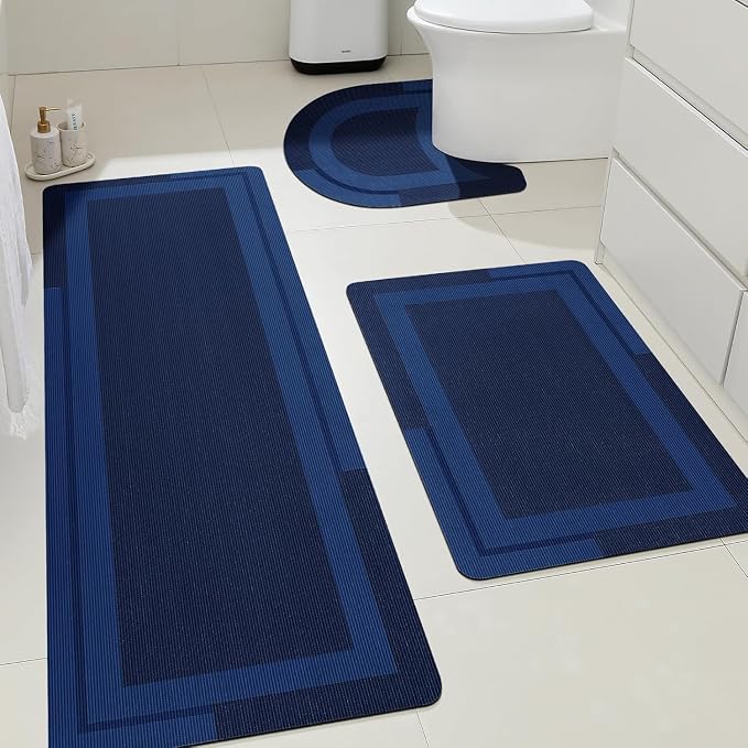 ACCUMTEK Non Slip Bath Mat, Thin Bathroom Rugs Fit Under Door, Quick Dry Bath Mats, Machine Washable Bath Rugs for Bathroom, Bathtub & Kitchen, Bathtub,Dark Blue/Bordered/3 Piece