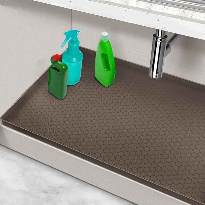 Under Sink Tray for Kitchen Waterproof, Silicone Under Kitchen Sink Mats and Protectors for 34" x 22" Cabinets, Under Sink Tray Organizer, Shelf Liner Cabinet Liner for Bathroom, Brown