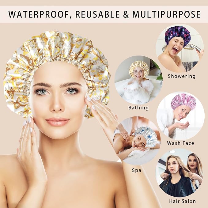 Shower Cap for Women,4 PCS Elastic and Reusable Bath Caps, Double Layers Shower Caps Reusable Waterproof, Bathing Shower Caps, Environmental Bath Hair Protection Cap - Butterfly D