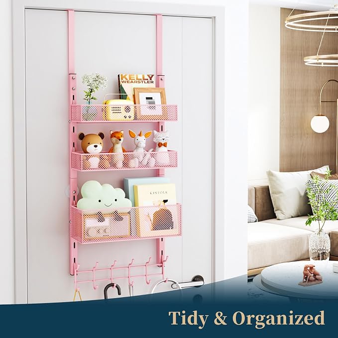 Consumest Over The Door Hooks Organizer - 4 Tier Door Coat Rack with 3 Baskets and 12 Hooks, Stainless Steel Towel Hanger for Bedroom, Bathroom, Living Room, Pink