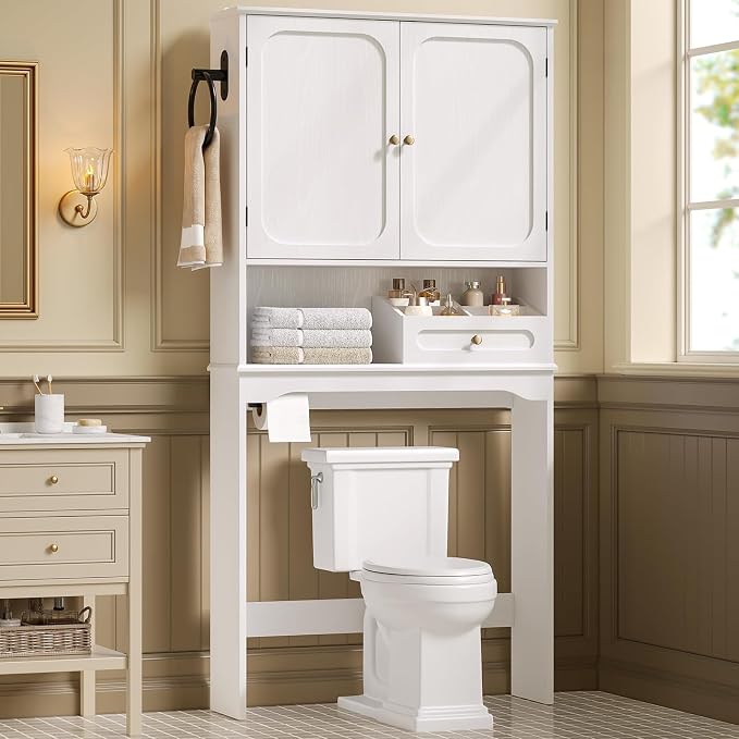 Over The Toilet Storage Cabinet with Adjustable Shelves & 2 Doors, Bathroom Storage Cabinet with One 4-Section Drawer, Towel Holder & Toilet Paper Holder for Bathroom, Laundry Room