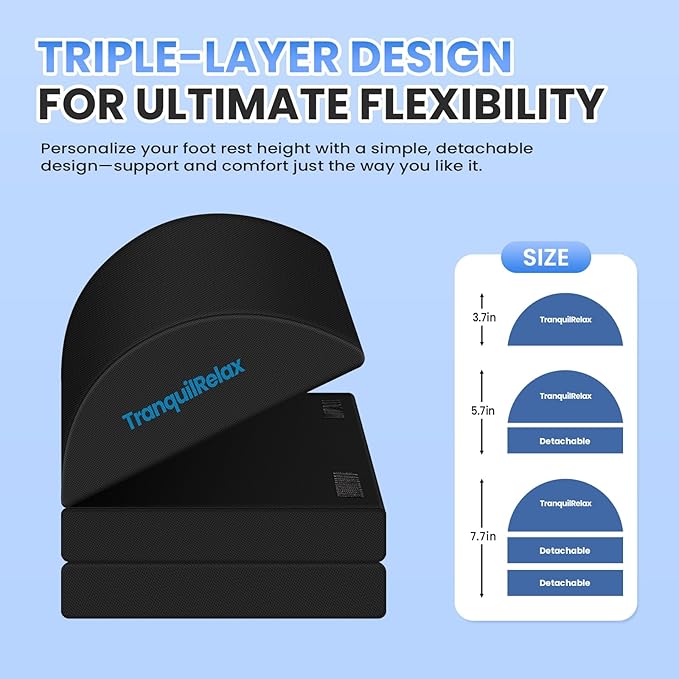 TranquilRelax Foot Rest for Under Desk at Work, Gaming Accessories Foot Stool with 3 Adjustable Heights & Washable Cover, Comfortable Office Desk Accessories, Footrest for Office, Home and Car (Black)