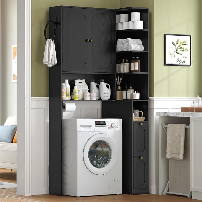 7-Tier L-Shaped Over the Toilet Storage Cabinet with Doors, 2 Large Drawers, Tissue Holder & Towel Holder, Bathroom Over Toilet Storage Cabinet with Adjustable Shelf for Bathroom, Black
