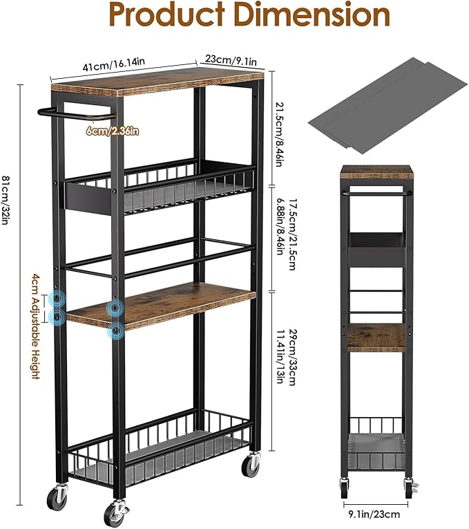 Slim Storage Rolling Cart, 4 Tier Narrow Cart with Wheels, Metal Kitchen Rolling Cart for Small Spaces, Slide Out Storage Shelves for Kitchen, Laundry Room, Bathroom, Living Room, 9.1in(W)