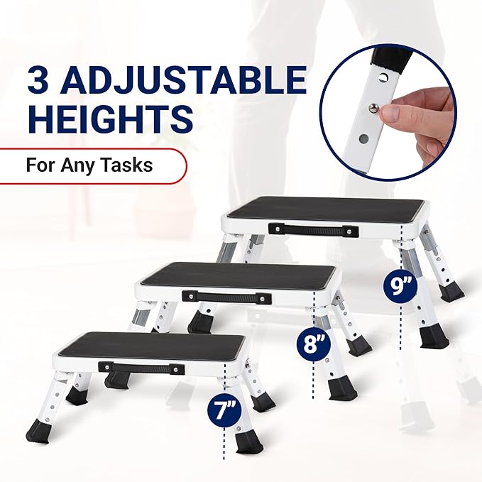 Arrigo Folding Step Stool with 3 Adjustable Heights – 330lb Capacity, Wide Anti-Slip Treads – Compact, Portable & Collapsible – Foldable Bed Stairs, Kitchen Ladder & Foot Stool for Adults