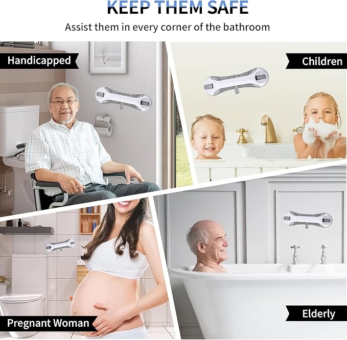 Strong Suction Grab Bars for Shower and Bathroom with 3 Suction Cups, Heavy Duty Safety Handles for Elderly and Seniors – No Drill Removable 2 Pack, Waterproof Non-Slip Bath Handr