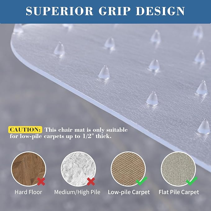 Tydle Chair Mat for Carpet, 36" x 48" Office Chair Mat for Carpeted Floors, Heavy Duty Rolling Computer Under Desk Mat with Grips, Floor Protector Mat for Home Office (Clear)