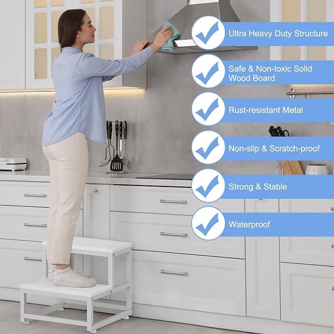 LIANTRAL 2 Step Stool for Adults Kids, Heavy Duty Sturdy Steel Frame with Wooden Steps, Bedside Foot Stool with 500lbs Load Capacity, Non-Slip Step Stool for High Bed, Kitchen, RV Step - White