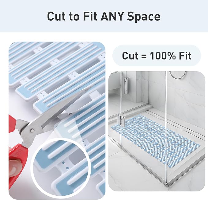 XIYUNTE Shower Mat Non Slip Bath Mat for Tub - 36 x 16 Inch Bathtub Mat Non Slip Shower Mats for Inside Shower, TPE Bath Mat with Suction Cups and Drain Holes, Easy to Cut, Blue