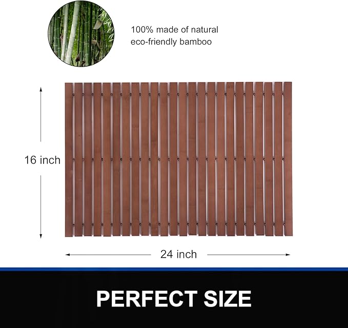 Bamboo Bath Mat Bathroom Rugs Floor Wood Shower Bathtub Waterproof Non Slip Accessories 16x24 Inch Easy to Clean, Walnut Bamboo, 1 pc