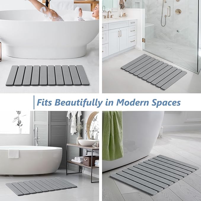 AWW Foldable Stone Bath Mat, Quick Dry Diatomaceous Earth Bath Mat with Non-Slip Mat, Super Absorbent, Easy to Clean, Compact for Small Bathrooms, 23.6 x 15.5, Grey