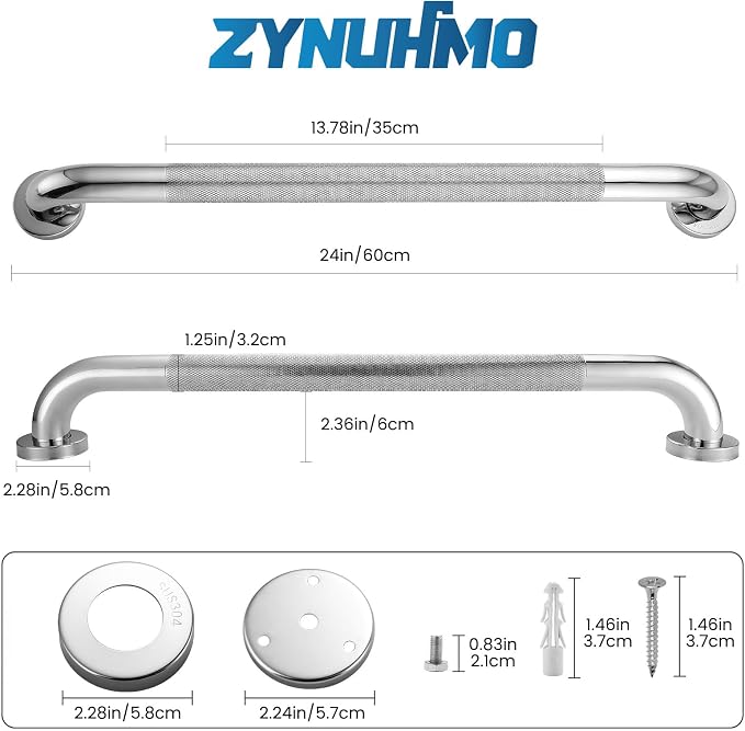 Grab Bars for Shower, Zynuhmo 2 Pack 24 Inch Anti Slip Bathroom Safety Grab Bar 1.25" Diameter Stainless Steel Shower Handrail for Handicap Injury Pregnant Senior Assist Shower Handle(Polished Nickel)
