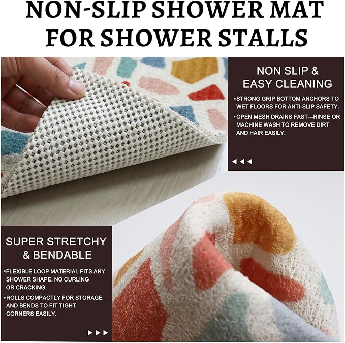Corner Shower Mat Non Slip, 28x 28 Inches Triangular Bath Mats for Inside Shower, Soft PVC Loofah Bath Mat Without Suction Cups, Shower Mats Quick Drying and Easy Cleaning