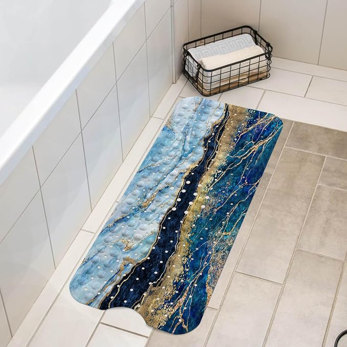 LNOND Marble Bath Tub Mat Non Slip, Extra Long 40 X 16 Inch Anti Slip Mat for Bathtub, Blue and Gold Marble Shower Mat with Drain Holes and Suction Cups, Machine Washable