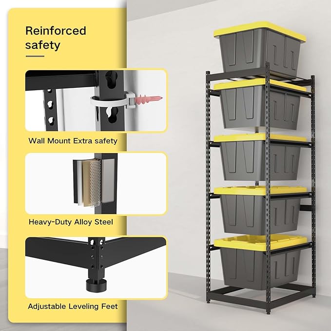 27 Gallon Tote Storage Rack, Heavy-Duty Storage Bin Rack Organizer, 5-Tier Standing Storage Bin Shelves, 250 lb Capacity, Maximize Space for Garage, Warehouse, Utility, 1 Pack Pro(Totes Not Included)