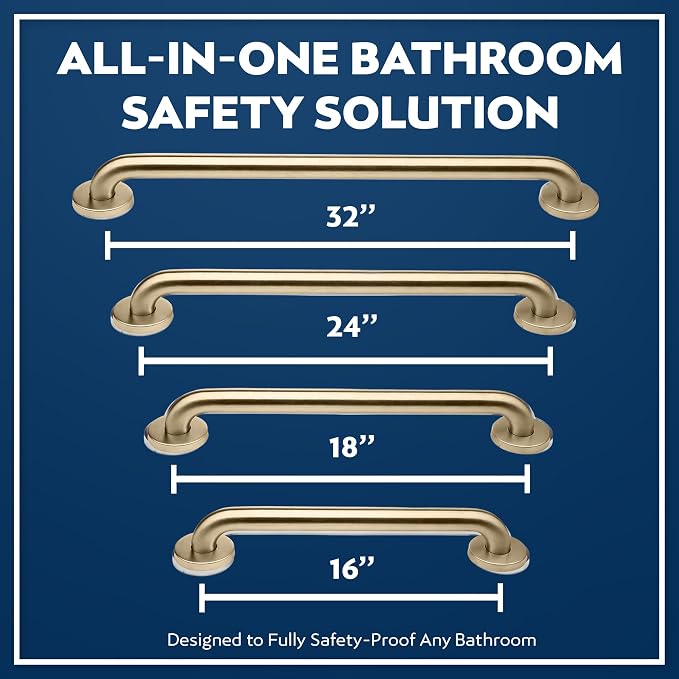 Shower Grab Bars 4 Pack – Complete Bathroom Safety Starter Bundle for Seniors – 16", 18", 24", 32" Lengths, 1.25" Diameter, 500 lb Rated – All-in-One Grab Bar Shower Safety Solution – Brushed Brass