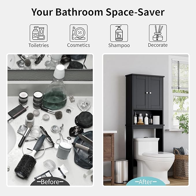 Shintenchi Over the Toilet Storage Cabinet, Bathroom Shelf Organizer with Anti-Tip Device Small Freestanding Space Saver with Adjustable Shelf，Black