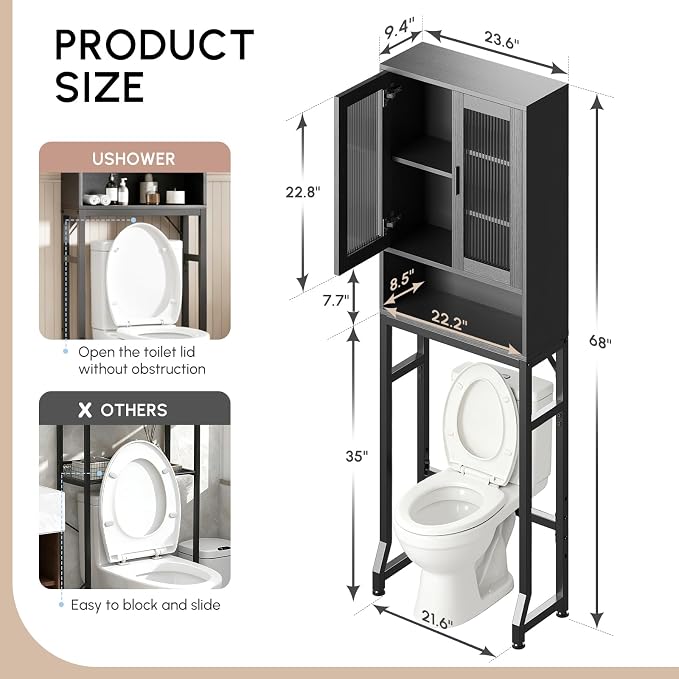 USHOWER Over The Toilet Storage Cabinet, Bathroom Organizers and Storage with Tempered Glass Doors, Thicken Metal Stand & MDF Wood Above Toilet Storage Cabinet, Freestanding Space Saver, Black