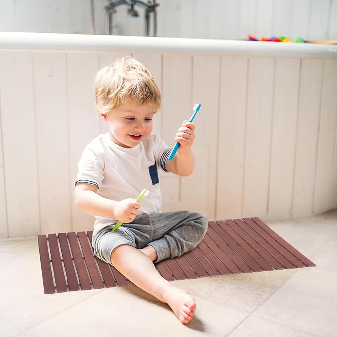 Bamboo Bath Mat Bathroom Rugs Floor Wood Shower Bathtub Waterproof Non Slip Accessories 16x24 Inch Easy to Clean, Walnut Bamboo, 1 pc