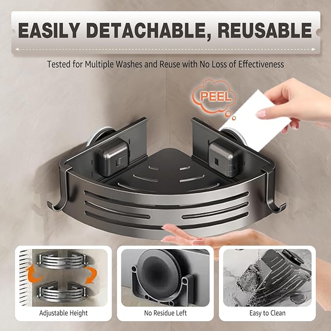 Conworld Corner Shower Caddy with Suction Cups, Shower Suction Shelf With Towel Bar, Wall Bathroom Shower Organizer Corner with Hooks, No-Drilling Removable (Aluminum, 2-Pack, Gunmetal Gray)