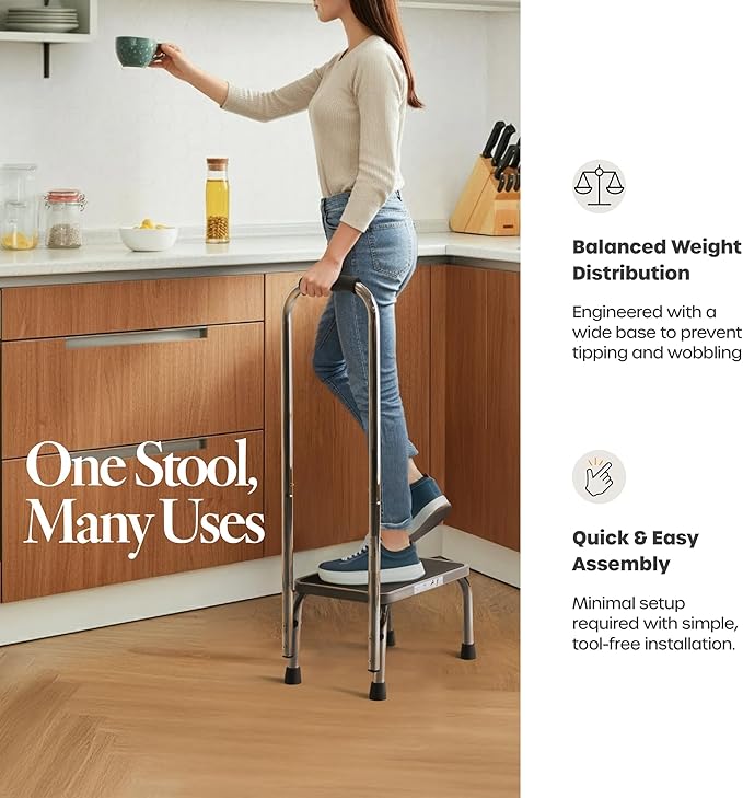 Step Stool with Handle for Adults Step stools with Handle for Elderly for Bed Chrome-Plated Steel Frame 330Lbs Capacity Use At Home Bathroom Kitchen