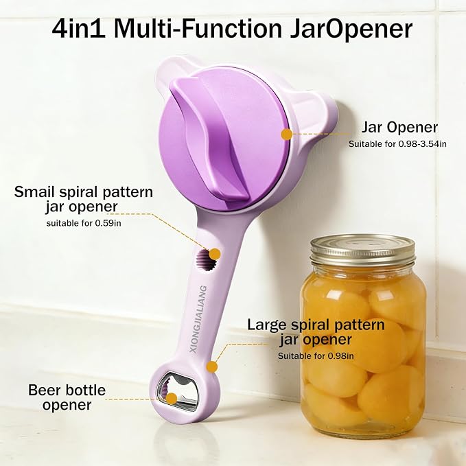 Adjustable Jar Opener for Weak Hands, 4-in-1 Multi-Function Manual Bottle Opener and Corkscrew Set for Seniors with Arthritis, Universal Lid Gripper Kitchen Gadget for All Jar Sizes(purple)