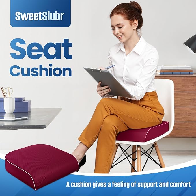 SweetSlubr Seat Cushion for Tailbone Pain Relief, Office Chair Cushion, Memory Foam Large Chair Cushion with Non-Slip Cover for Soft Support at Office Chair, Car Seat, Airplane Red/Large