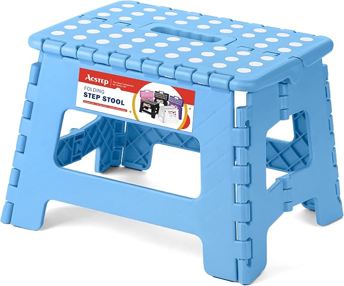 ACSTEP Folding Step Stool - Lightweight, Plastic Step Stool, 9 inch Foldable Step Stools, Non Slip Folding Stools for Kitchen Bathroom Bedroom (Blue)