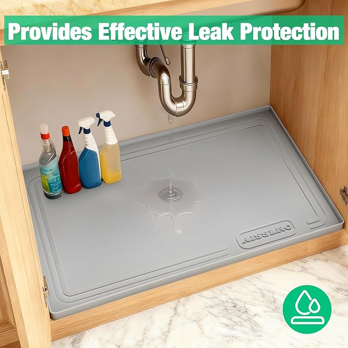 Aisslro Under Sink Mat 34" X 22", Waterproof Silicone Cabinet Organizer Protector with Raised Edge, Kitchen & Bathroom Leak Tray, Shelf Liner & Pet Feeding Mat for Dog Cat Food Mats, Gray