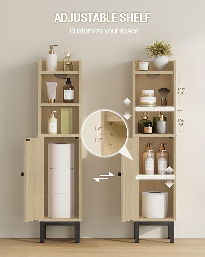 Hzuaneri Bathroom Storage Cabinet, Small Corner Floor Cabinet with Door and Shelves, Narrow Toilet Paper Holder, Bathroom Organizer with Adjustable Shelf, for Small Spaces, Rattan Yellow BC08202Y