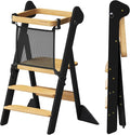 COSYLAND Foldable Standing Tower – IF Design Awarded Toddler Kitchen Step Stool with Safety Net & Large Side Support Legs– Height Adjustable Toddler Learning Helper Stool (Black & Natural)-Foldi