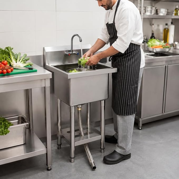 Freestanding Utility Sink 21" x 18" x 41", Stainless Steel American Style Single Bowl with T-Shaped Faucet, Cold Gray Finish, Compact Laundry Room, Balcony, Small Utility Spaces, Easy Clean Surface