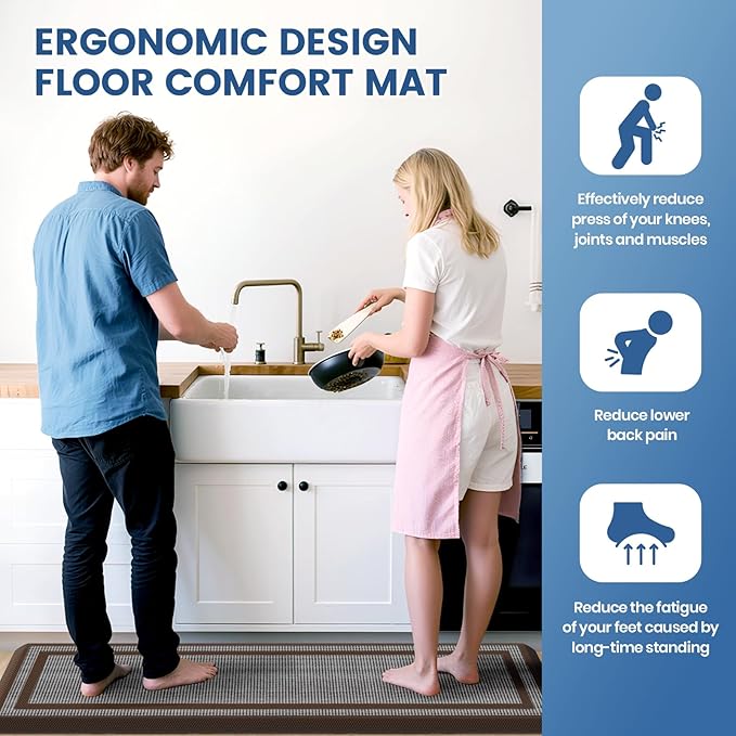 KitchenClouds [2 PCS Kitchen Rugs Cushioned Anti-Fatigue Kitchen Mats for Floor Waterproof Kitchen Rug Set Non-Slip Comfort Standing Mat for Office, Sink, Laundry 17.3"×28"+17.3"×60",Chocolate