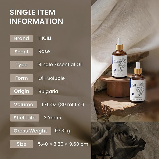 HIQILI Rose Essential Oil Set – 1 fl oz (6 Pack), 100% Pure Natural with Stable Quality, Bulk Pack for Business Purchase, Ideal for Skin Care, SPA, Hotels, DIY Studios, Holiday Gifts & Home Use