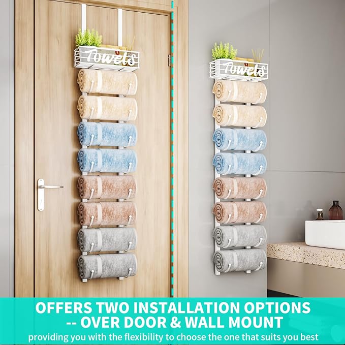 HapiRm Towel Racks for Bathroom Storage - 9 Tier Over The Door & Wall Mount Rolled Towel Storage Organizer Holder with Metal Shelf Basket for Small Bathroom, Camper, Rv - White, Patented