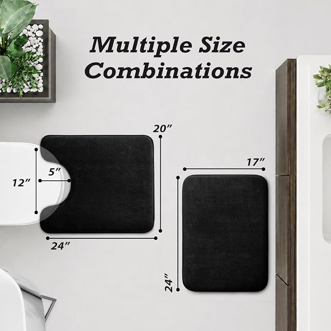 HUXMEYSON Bathroom Rugs Sets 2 Piece, Non-Slip & Quick Dry Bath Mat Set, Ultra Soft Velvet Bath Rugs for Bathroom, Toilet and Shower Floor, Black