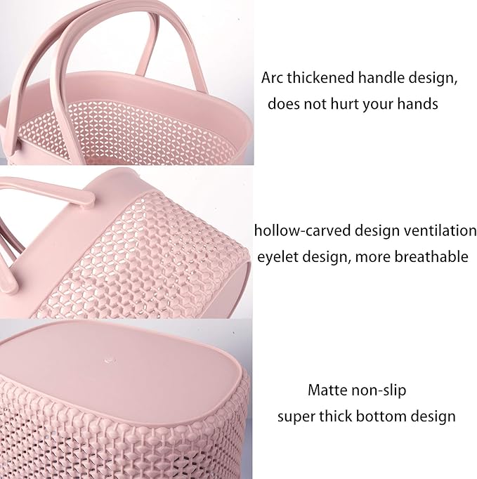 rejomiik Portable Shower Caddy Basket, Plastic Organizer Storage Tote with Handles Toiletry Bag Bin Box for Bathroom, College Dorm Room Essentials, Kitchen, Camp, Gym, Pink
