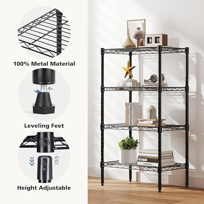 DUMOS 4-Tier Metal Wire Storage Shelves, Adjustable Standing Storage Rack Shelf, Heavy Duty Steel Shelving Unit Organizers for Kitchen Bathroom Pantry Garage, 23.2" Wx13.4 Dx47.1 H, Black