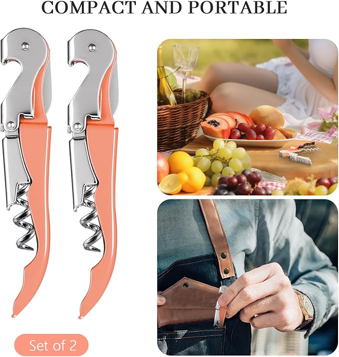 HYZ 2-Pack Wine Opener Waiter Corkscrew, Professional Wine Key for Servers, Bartender with Foil Cutter, Manual Wine Bottle Opener Double Hinged (Nectarine)