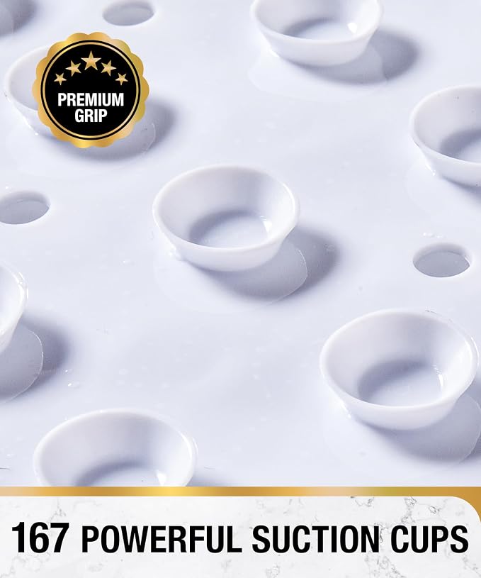 HITSLAM Non Slip Bathtub Mat, 27x15 Inch Bath Mat for Tub with Suction Cups and Drainage Holes, Machine Washable Oval Shower Mat for Kids, Seniors and Daily Use, Phthalate Free PVC, White