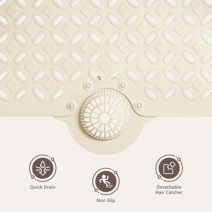 OTHWAY Bath Mat for Tub Non Slip: 39" X 17" Long Bathtub Mat with Hair Catcher│Big Drain Holes Shower Mats for Inside Shower│Machine Washable (Beige)