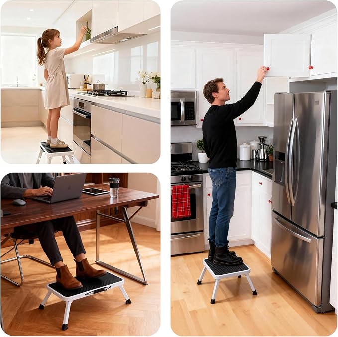 NEWBULIG Foldable Step Stool, 330lbs Capacity Reinforced Sturdy Metal, Non-Slip Platform & Thickened Rubber Feet for Home, Kitchen, RV, Indoor Outdoor, Black & White