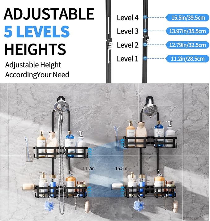 GAOKASE Aluminum Shower Caddy Hanging, Never Rust Shower Organizer- 4 Levels with adjustable Height 10 Hooks for Razor/Sponge - Rack with Soap Basket (Black-1)