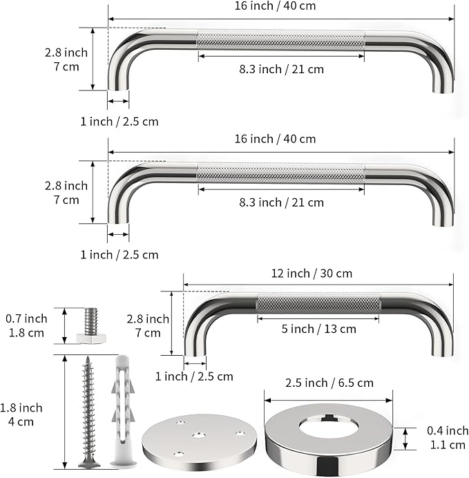 3 Pack Shower Grab Bar Bundle for Commercial, Munzong 12" 16" 16" Chrome Bathroom Grab Bar, Stainless Steel Anti Slip Handicap Balance Bar,Safety Hand Rail for Elderly Injury Senior Bath Handle