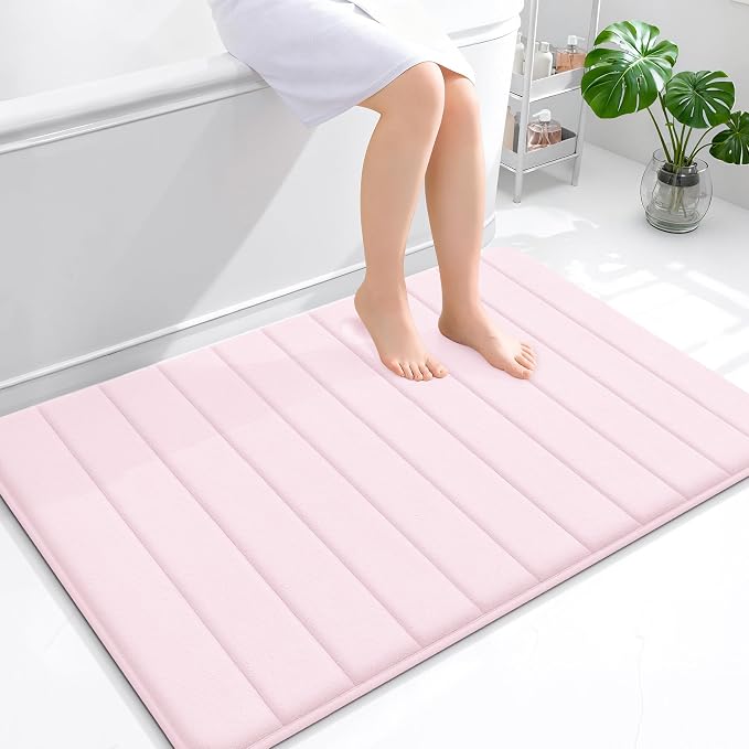OLANLY Memory Foam Bath Mat 44x32, Super Soft Absorbent Bathroom Rugs, Quick Dry, Machine Washable Shower Floor Rugs, Bathmat Carpet, Bathroom Home Decor Accessories, Pink