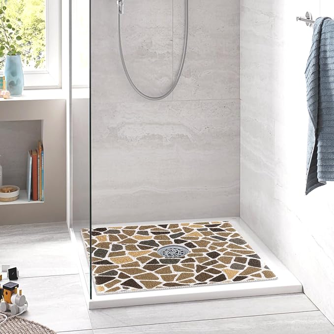 Square Shower Mat Non Slip: 27 x 27 Inch Extra Large Shower Mats with Drain Hole in Middle - PVC Loofah Anti Slip Shower Floor Matt for Inside Shower
