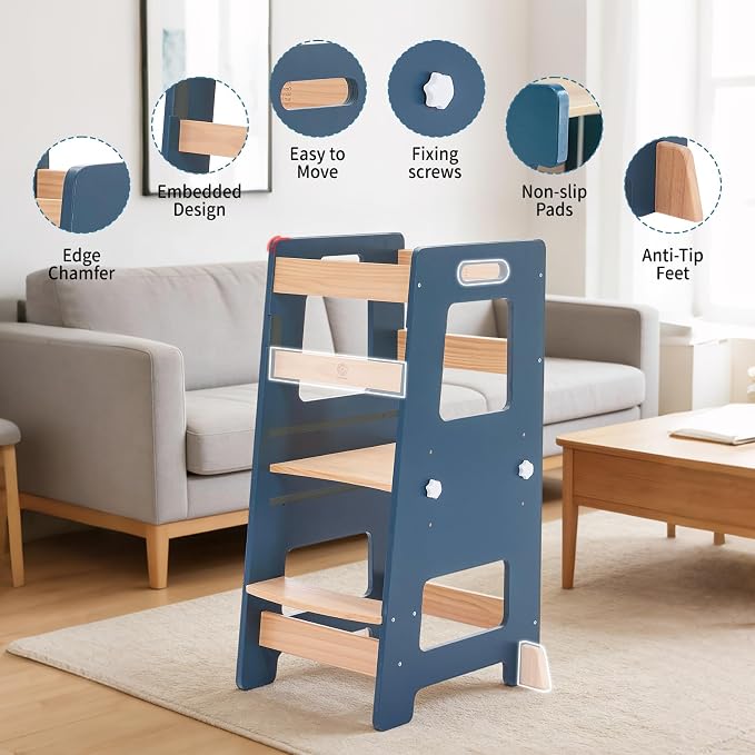 WOOD CITY Kitchen Step Stool - Safe Montessori Standing Tower for Kids with Safety Rail, Height Adjustable Toddler Ideal Helper for Learning New Skills, Anti-Slip Protection for Bathroom - Deep Blue