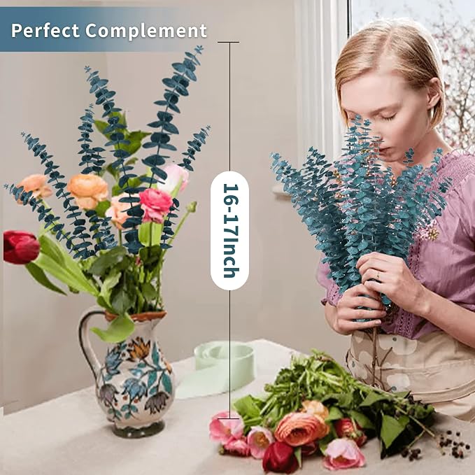 17 Pcs-Blue-Green-Dried-Preserved-Eucalyptus-Stems, 17" Real Hanging Eucalyptus for Shower, Natural Live Eucalyptus Greenery Leaves for Vase Filler, Home SPA, Fragrance, Flower Decor