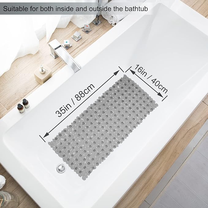 TEESHLY Bath Tub and Shower Mats, Non-Slip Pebble 35 x 16 Inches Machine Washable Bathtub Mat with Drain Holes, Suction Cups for Bathroom (Clear Grey)