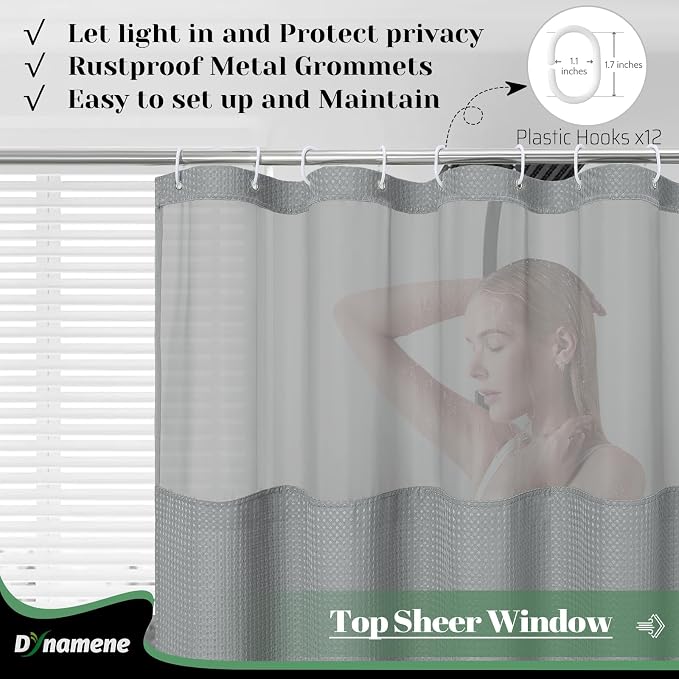 Dynamene 78 Inch Long Shower Curtain, Tall Waffle Fabric Shower Curtains for Bathroom, Hotel Waterproof Cloth Shower Curtain Liner Set with Hooks, Snap in Liner, Mesh Top Window, Dark Grey, 72x78